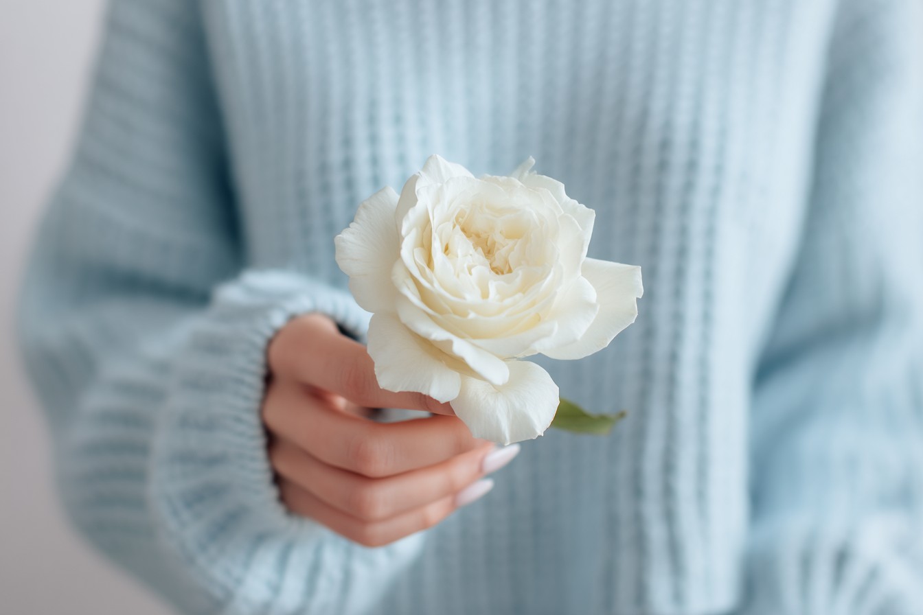 A person in a soft blue sweater holding a single white rose, symbolizing remembrance supported by Summit, NJ funeral home and cremations.